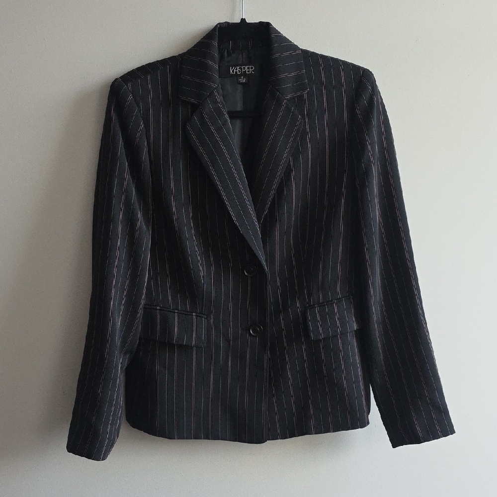 Kasper - Women's Black Tailored Blazer With Thin Light Pink Pinstripe - Size 8